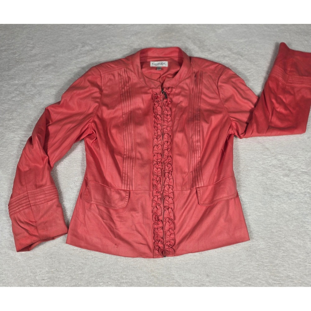 Conrad C Collection Blazer Womens 12 Coral Ruffle Zip Pintuck Faux Suede Jacket